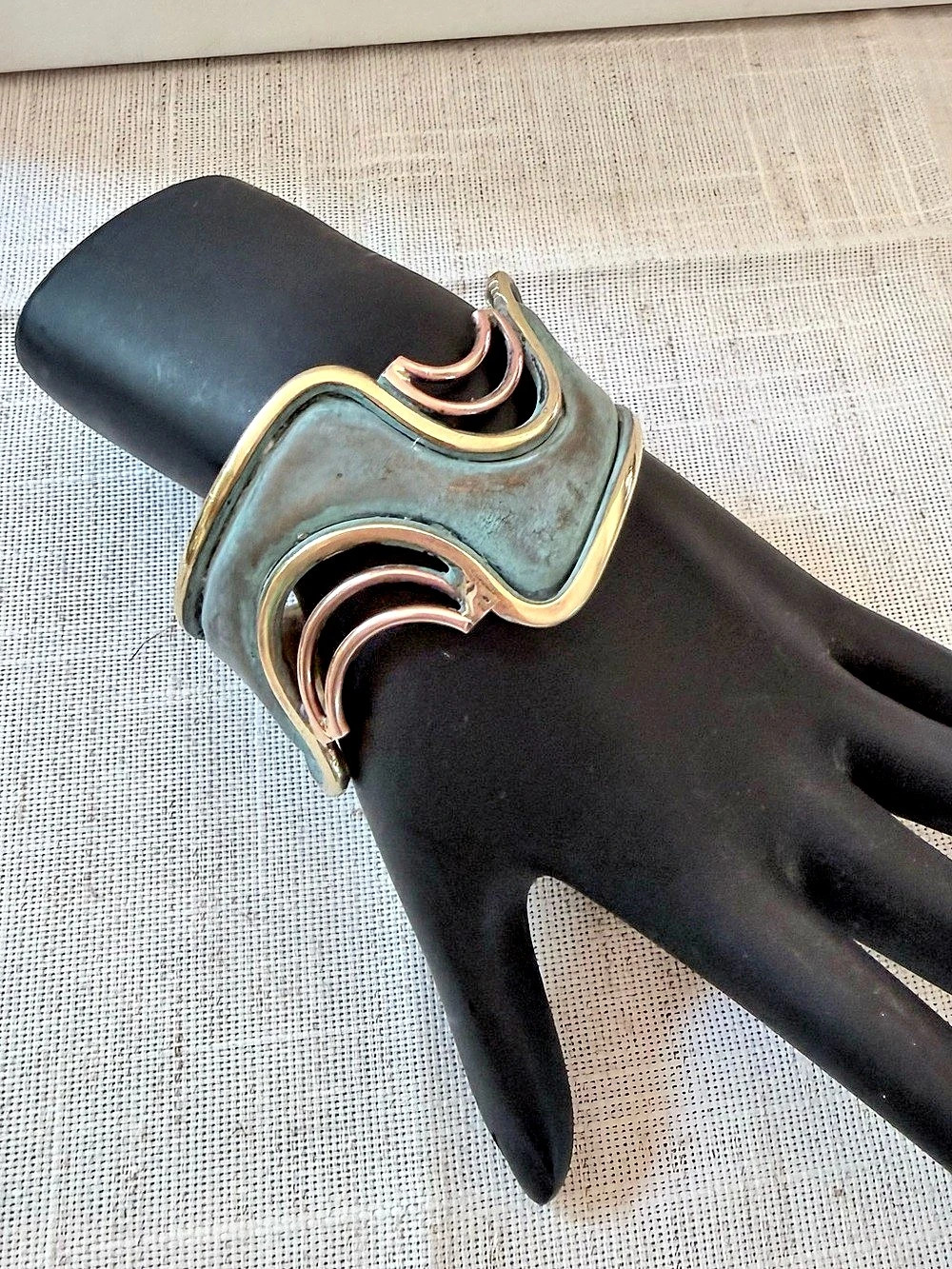 Vintage Modernist Artisan Mixed Metal Wave Cuff Bracelet Patina Brass Copper